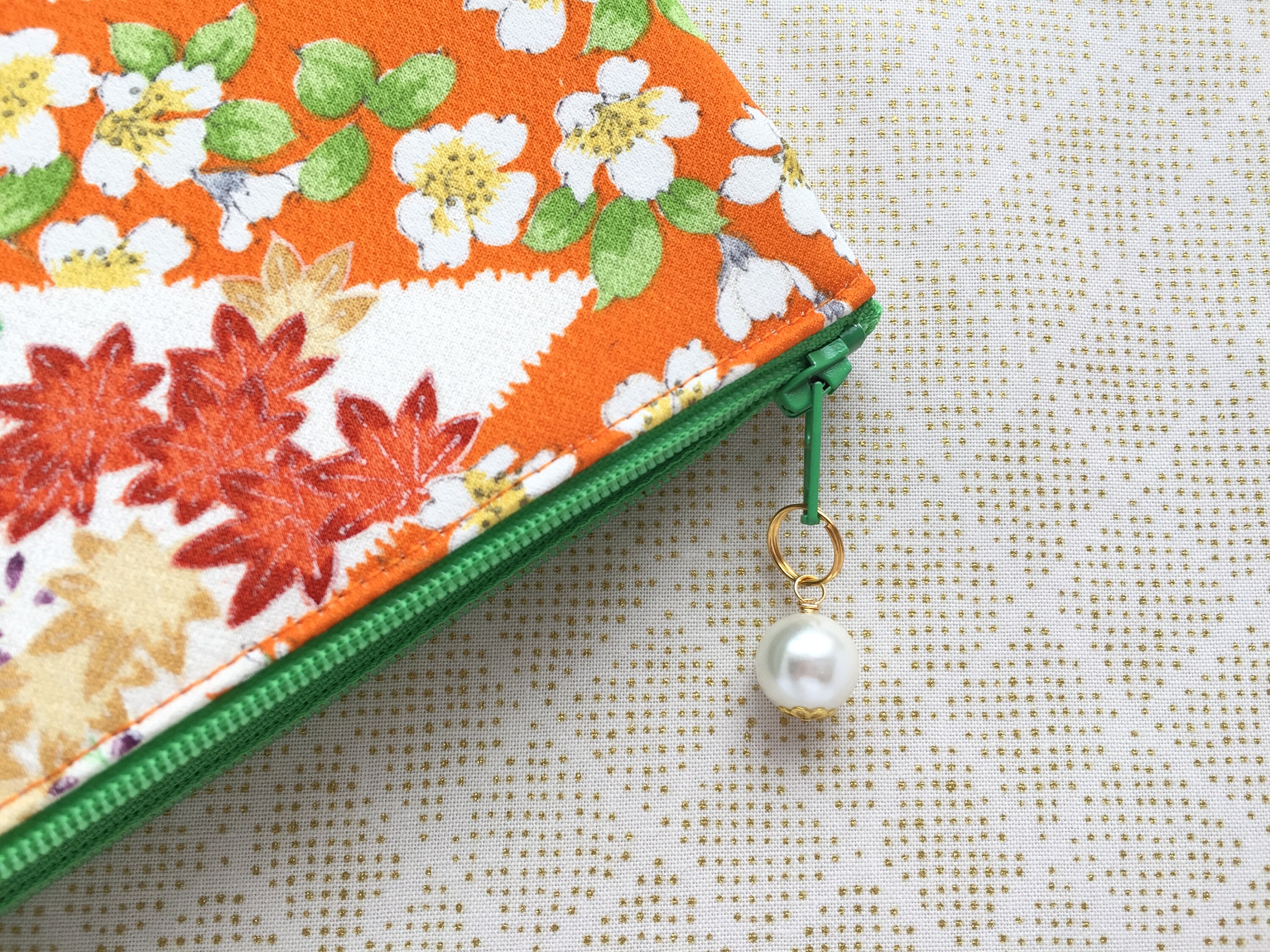 Upcycled Vintage Kimono Zipper Pouch 5”x8” - White Camellia