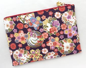 Sakura Zipper Pouch / Cosmetic Purse 6”x9” - Japanese Traditional Flowers on Eggplant