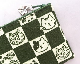 Ichimatsu & Neko Zipper Pouch / Coin Purse - Japanese Traditional Pattern - Matcha Green