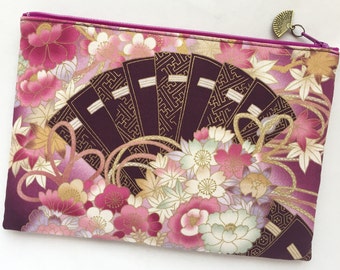 Kimono Zipper Pouch / Cosmetic Purse 6”x9” - Japanese Folding Fan & Kusudama Flowers