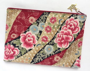 Peony & Chrysanthemum Zipper Pouch / Cosmetic Pouch 6”x9” - Red