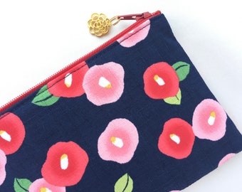 Camellia Zipper Pouch/ Coin Purse or Pencil Case - Indigo