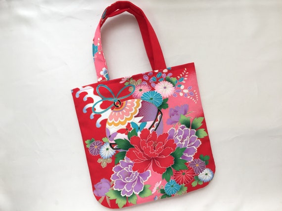 Upcycled Kimono Bag Small Tote Kusudama & Peony on Red 