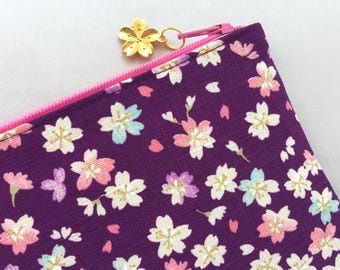 Sakura Zipper Pouch / Coin Purse or Pencil Case - Cherry Blossom on Eggplant Purple