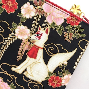 Inari Zipper Pouch / Cosmetic Purse 9”x6” - Japanese Shinto Shrine Guardians - White Foxes, Peony, Cherry Blossom, and Wisteria
