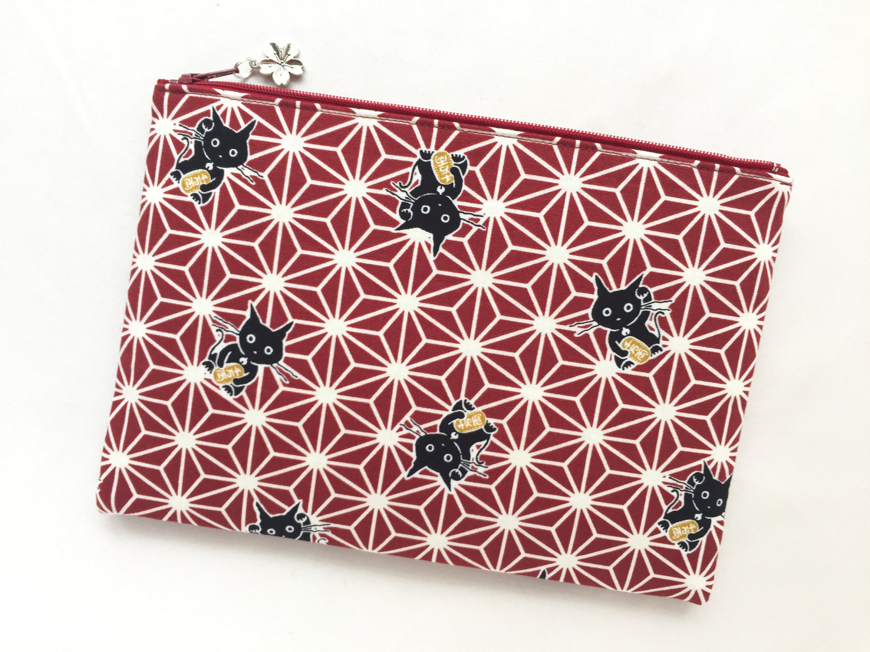 Japanese Lucky Cat Zipper Pouch / Cosmetic Pouch 6”x9