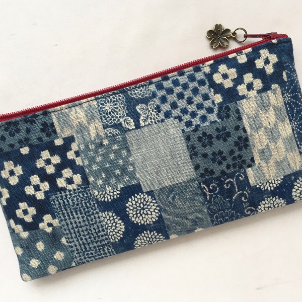 Indigo Zipper Pouch / Pencil Case 4”x8”- “Boro” Japanese Traditional Patched Textile Pattern