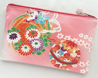 Upcycled Vintage Kimono Zipper Pouch 5”x8” - Temari, Butterfly, Iris, and Chrysanthemum