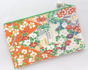 Upcycled Vintage Kimono Zipper Pouch 5”x8” - White Camellia and the Scenery of Japanese Garden