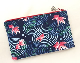 Goldfish Zipper Pouch / Cosmetic Purse 5”x8” - Japanese Traditional Lucky Red Fish - Goldfish - Long-Tailed Ryukin on Indigo