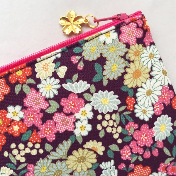 Sakurasou & Hinagiku Zipper Pouch / Coin Purse 3.5”x5” or Pencil Case 4”x8”- Japanese Primrose and Daisy on Eggplant