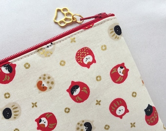 Daruma Neko Zipper Pouch / Coin Purse 3.5”x5” or Pencil Case 4”x8” - Japanese Lucky Cat - Cream