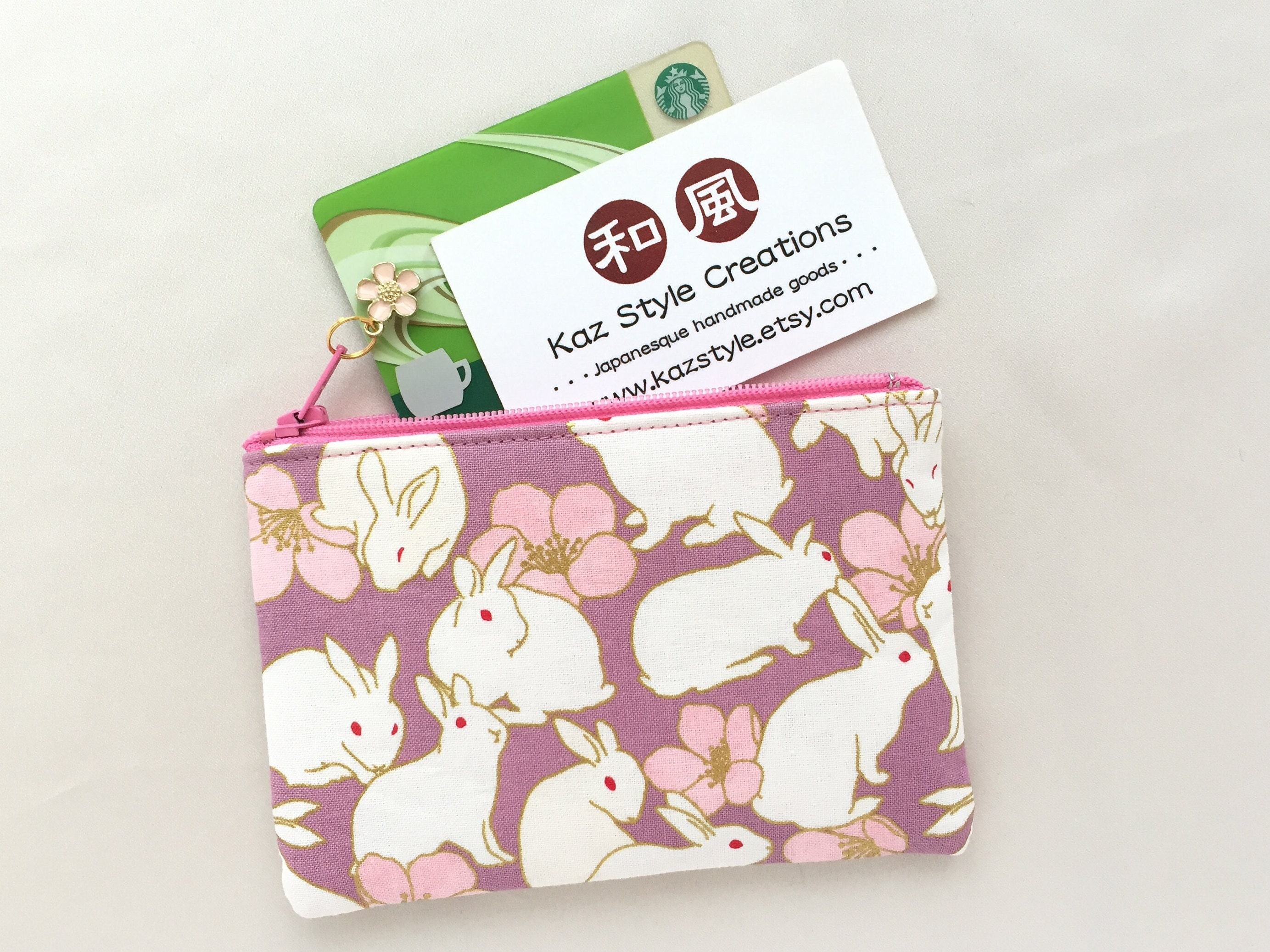 Bunny & Camellia Zipper Pouch / Coin Purse 3.5”x5” or Pencil