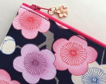 Plum Blossom Zipper Pouch / Cosmetic Purse 5”x8” - “Ume no Hana” on Indigo