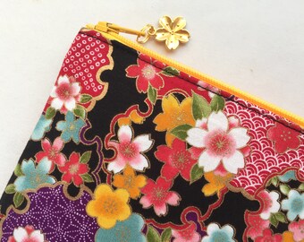 Kimono Zipper Pouch / 6”x9” Cosmetic Purse - Sakura and Ume