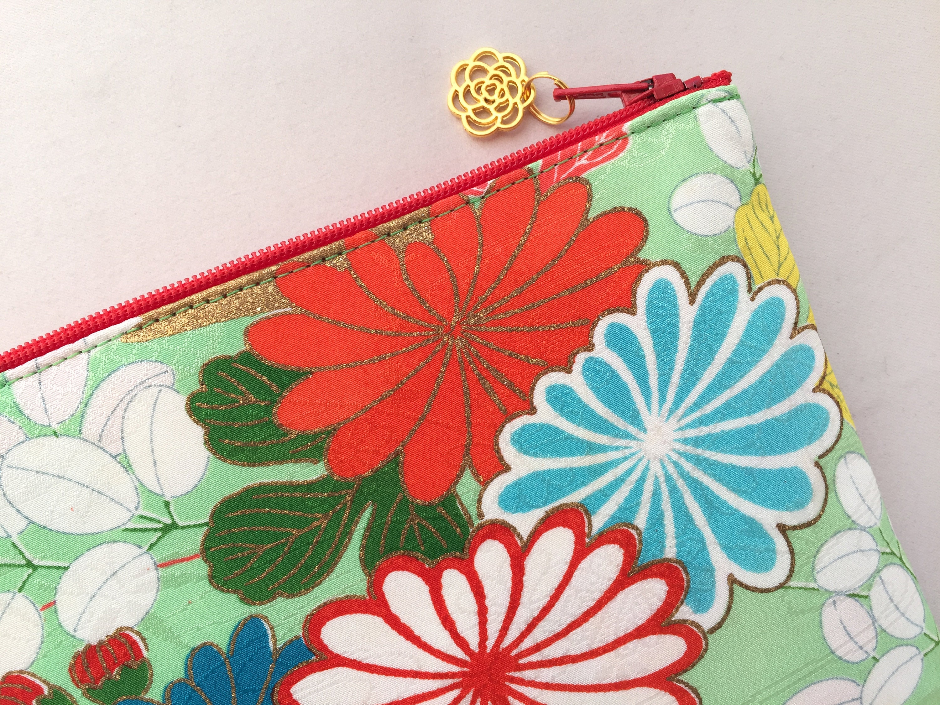 Upcycled Kimono Zipper Pouch 5”x8” - Chrysanthemum, Hagi