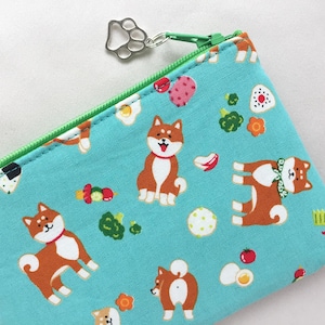 Shiba-inu & Bento Zipper Pouch / Coin Purse or Pencil Case - Mint Blue