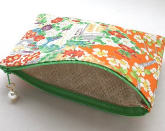 Upcycled Vintage Kimono Zipper Pouch 5”x8” - White Camellia