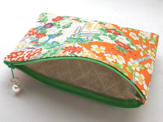 Upcycled Vintage Kimono Zipper Pouch 5”x8” - White Camellia