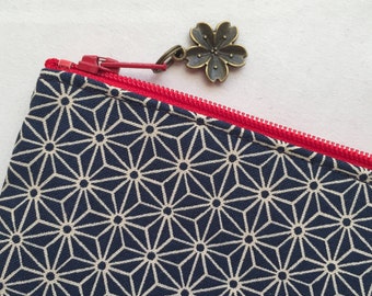 Japanese Traditional Geometric Patterned Zipper Pouch / Coin Purse 3.5”x5” - Asanoha  - Indigo