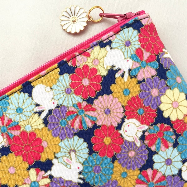 Usagi & Kiku Zipper Pouch - Coin Purse / Pencil Case - Bunnies and Chrysanthemums