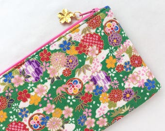Japanese Flower Zipper Pouch / Coin Purse or Pencil Case - Sakura, Chrysanthemum,Plum Blossom, Bamboo, Yukiwamon