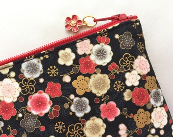 Ume Blossom Zipper Pouch / Coin Purse 3.5”x5” or Pencil Case 4”x8”- Japanese Plum Blossom on Black