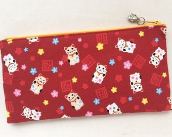 Maneki Neko Zipper Pouch / Pencil Case - Japanese Lucky Cat on Red