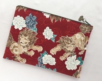 Lion-Dog Zipper Pouch / Cosmetic Purse 6”x9” - Karajishi Botan / Komainu & Komajishi