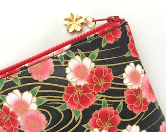Yaezakura Zipper Pouch / Coin Purse 3.5”x5” or Pencil Case 4”x8” - Double-Flowered Cherry Blossom on Charcoal