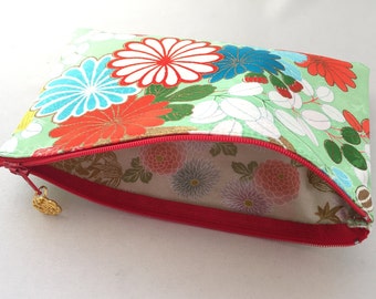 Upcycled Kimono Zipper Pouch 5”x8” - Chrysanthemum, Hagi