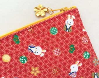 Usagi Zipper Pouch / Coin Purse or Pencil Case - Usagi, Temari, Sakura, & Matsu on Asanoha - Red
