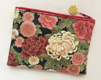 Peony & Chrysanthemum Zipper Pouch / Coin Purse 3.5”x5” - Japanese Traditional Flowers on Black