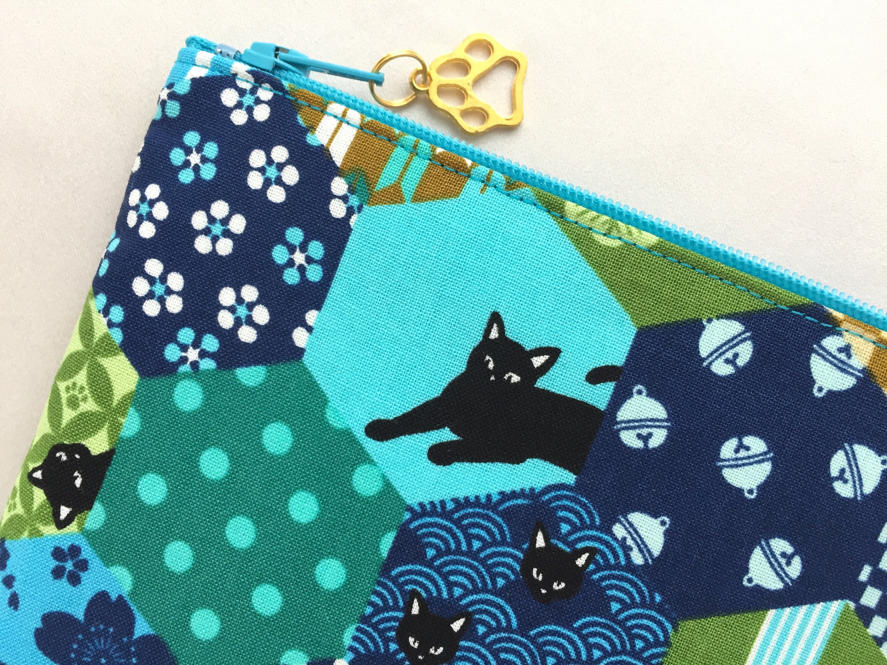 CAT 縁起もの Cat Zipper Pouch / Cosmetic Pouch 5x8”- Black Cats on