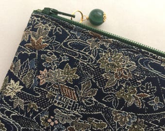 Upcycled Kimono Zipper Pouch 5”x8” - Japanese Traditional Scenery of Teahouse and Plants - Folding Fan - Woven Design