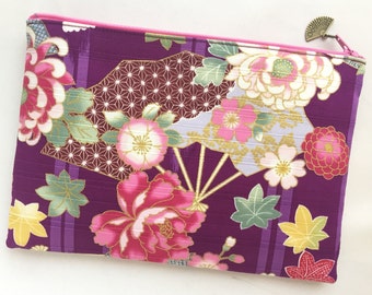 Kimono Zipper Pouch / Cosmetic Pouch 6”x9”- Japanese Folding Fans & Flowers on Eggplant