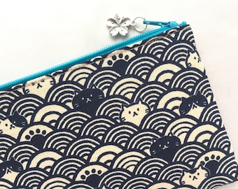 Seigaiha & Neko Zipper Pouch / Coin Purse or Pencil Case - Japanese Traditional Pattern - Ocean Waves and Cat - Indigo