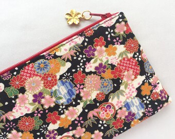 Japanese Flower Zipper Pouch / Coin Purse or Pencil Case - Sakura, Chrysanthemum,Plum Blossom, Bamboo, Yukiwamon