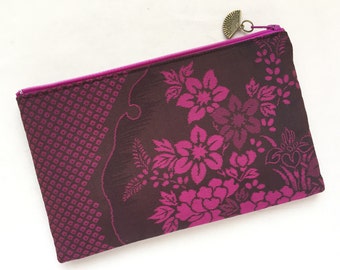 Kimono Zipper Pouch / Cosmetic Pouch 5”x8” - Made From a Vintage Kimono - Japanese Flowers with Yukiwamon and Hitta Pattern