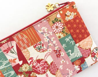 Kimono Patchwork Zipper Pouch / Cosmetic Pouch - Japanese Traditional Flowers and Patterns