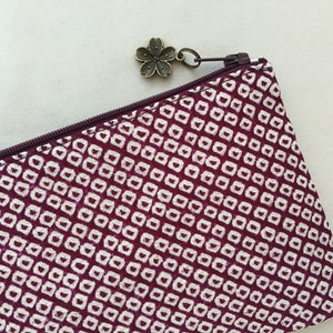 Upcycled Vintage Kimono Zipper Pouch / Kanoko Shibori - Eggplant