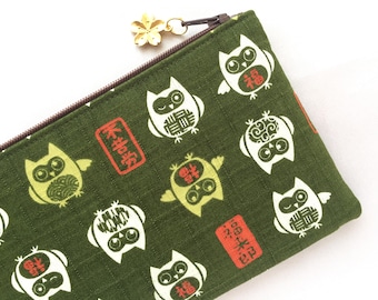 Lucky Owl Zipper Pouch / Coin Purse or Pencil Case - Traditional Japanese Patterns and Kanji Characters