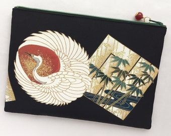 Upcycled Kimono Zipper Pouch 6”x9” - Made From a Vintage KuroTomesode - Red-Crowned Crane and GenjiKō