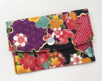 Business Card Case / Gift Card Holder / Snapped Pouch - Sakura and Ume with Yukiwa-mon of Asanoha, Seigaiha, & Kanoko-Shibori - Black