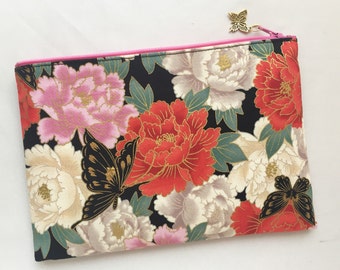 Peony & Butterfly Zipper Pouch / Cosmetic Pouch 6”x9”