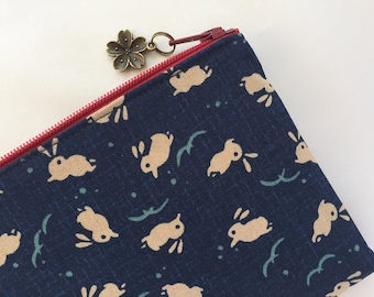 Bunny Zipper Pouch / Coin Purse or Pencil Case - Japanese Traditional Pattern - Usagi & Tsuyushiba on Indigo