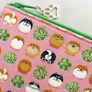 Shiba-Inu Manjū Zipper Pouch / Coin Purse or Pencil Case - Japanese Dog, Shibainu Shaped Pastries with Karakusa Patterned Furoshiki - Pink