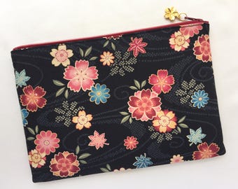 Japanese Flower Zipper Pouch / 6”x9” Cosmetic Purse - Sakura, Nadeshiko, Kiku, & Momiji with Kanoko-Shibori Pattern - Black