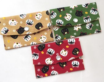 Business Card Case/ Gift Card Holder/ Mini Coin Purse - Maneki-Neko & Hariko-Inu - Adzuki Bean Red, Matcha Green, or Japanese Mustard