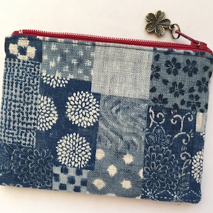 Indigo Zipper Pouch / Coin Purse 3.5”x5” - “Boro” Japanese Traditional Patched Textile Pattern